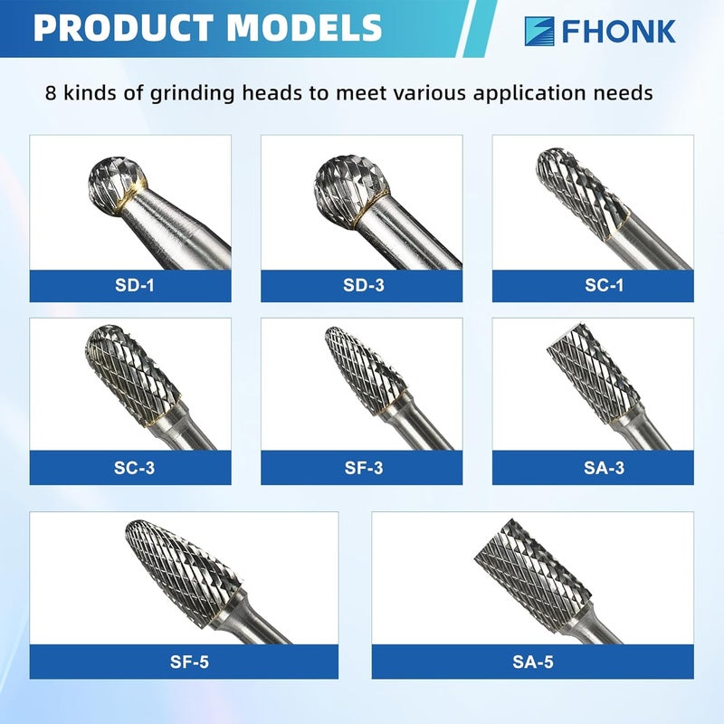 FHONK Carbide Burr Set 8 pcs, 1/4 inch Shank, Tungsten Carbide Rotary Files Bits, Professional Metal Working Tools, for Die Grinder Metal Wood Carving Engraving Drilling Grinding Milling Cutting (8) - Image 3
